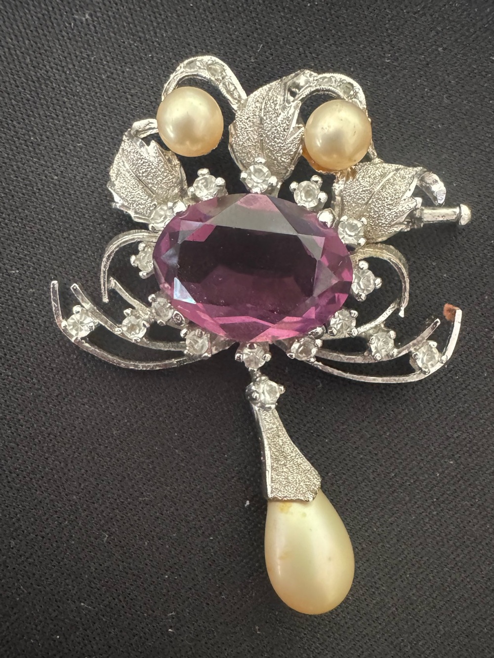 Vintage Brooch Purple Crystal And Pearl Drop Silver-Tone Brooch Costume Jewelry